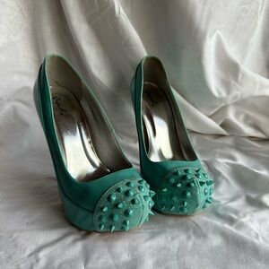 Qupid Teal Spiked Heels